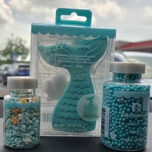Mermaid tail cake toppers woth 2 jars of sprinkles. New in box Mermaid birthday